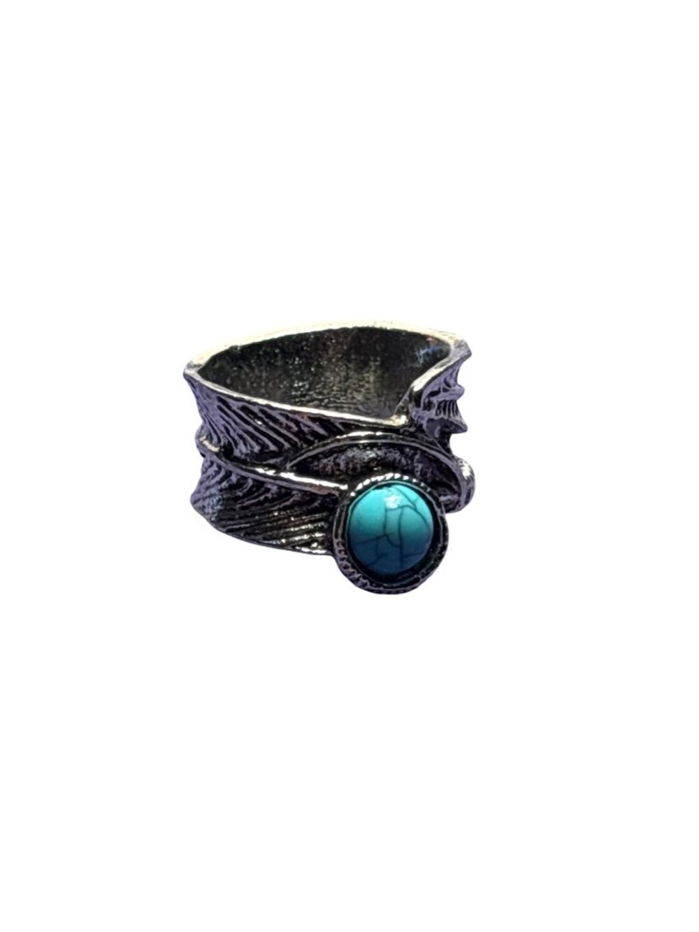 Silvertone Wrap Around Feather Ring Size 5 Faux Turquoise Cabochon Southwestern